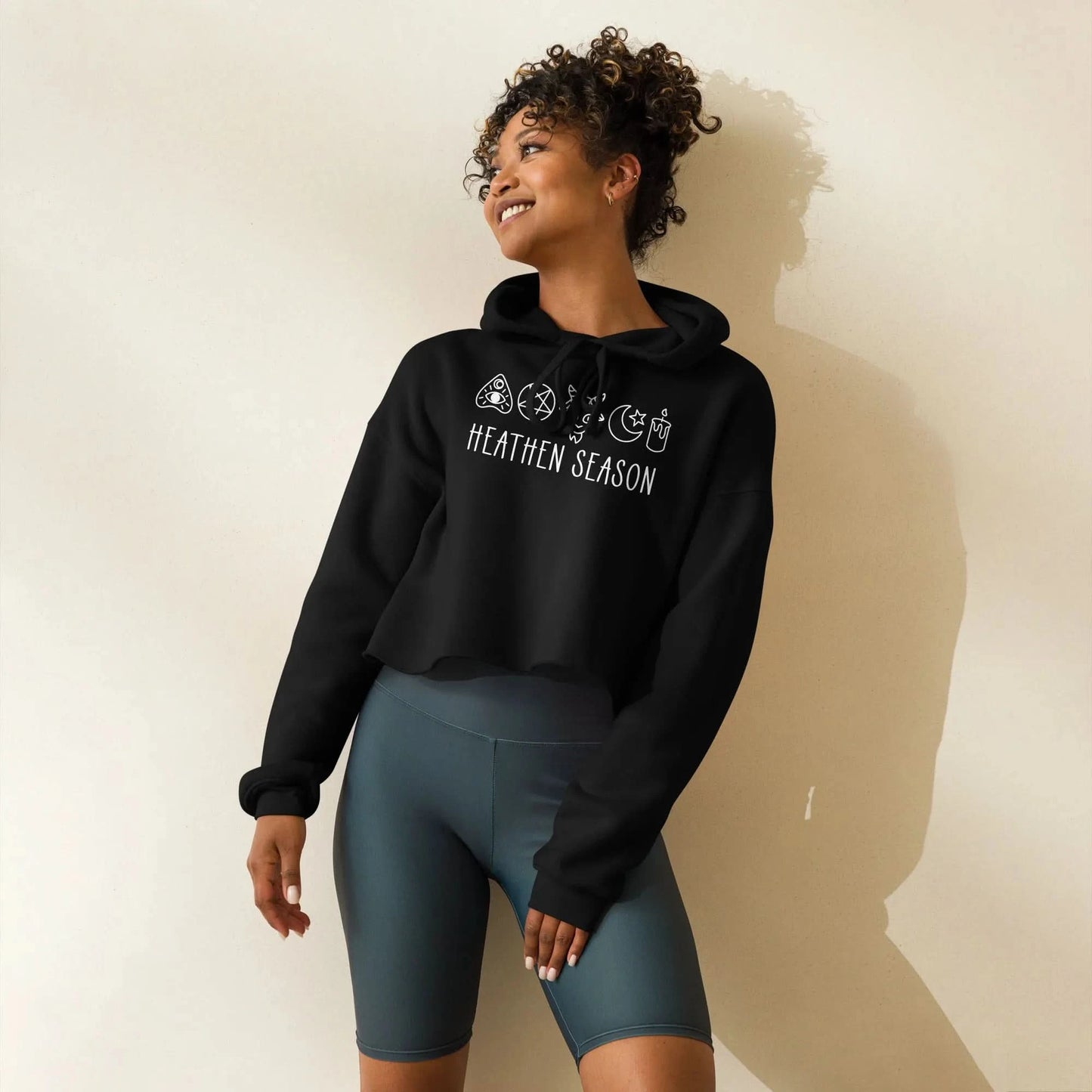Heathen Season witchy spooky fall autumn graphic with a ouija board, pentacle, goat head, moon, star and candle on a black crop hoodie, halloween vibes, spooky season, Rebel Girl Rampage