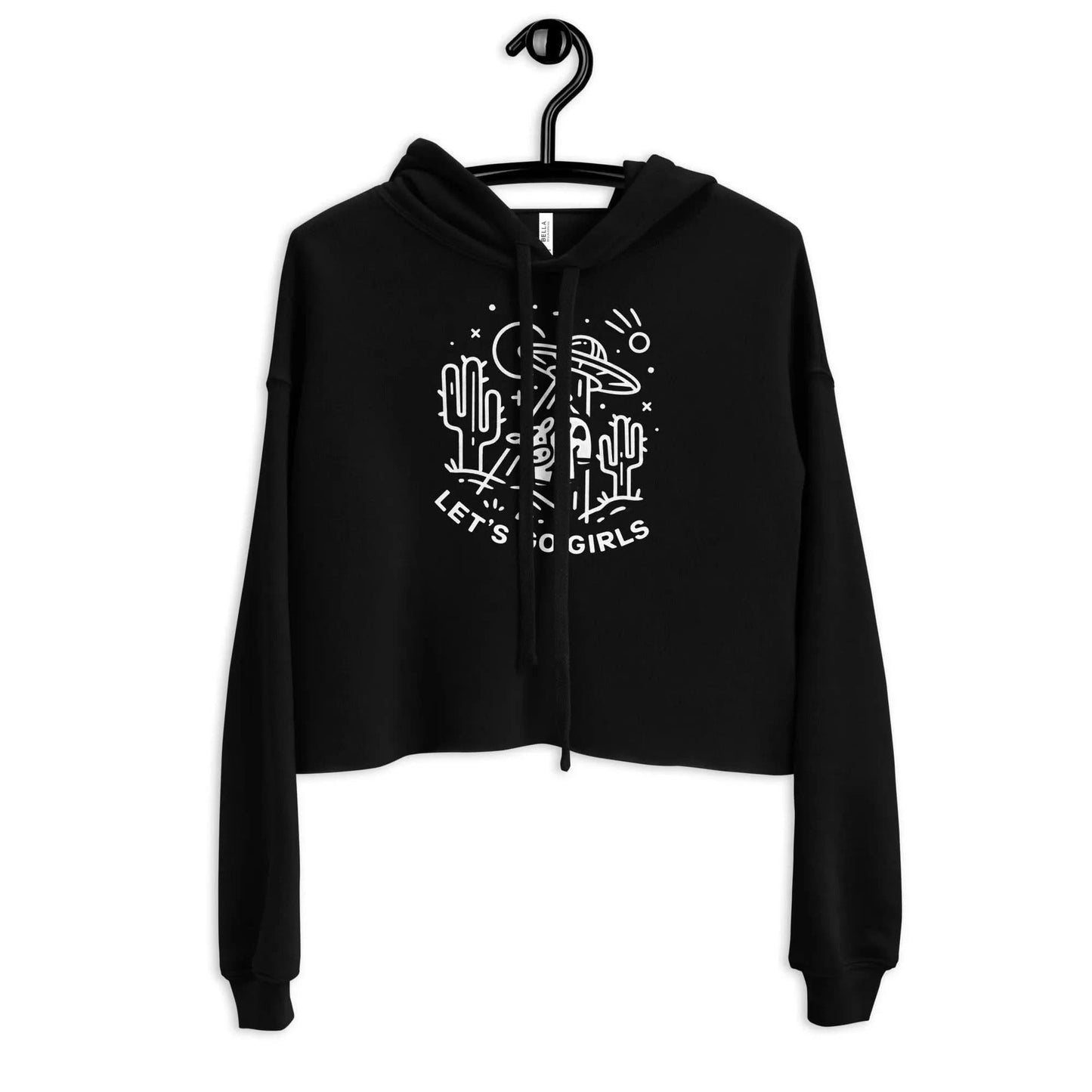 Cute UFO Cow and Desert Graphic that says Let's Go Girls on a black crop hoodie, Whimsical, cute, funny, Rebel Girl Rampage