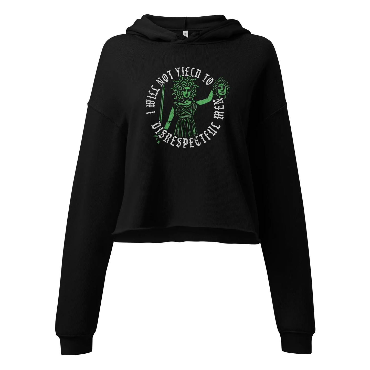 Will Not Yield to Disrespectful Men circular graphic with a medusa holding a mans head on a black crop hoodie, feminist, snakes, spooky season, equality, Rebel Girl Rampage