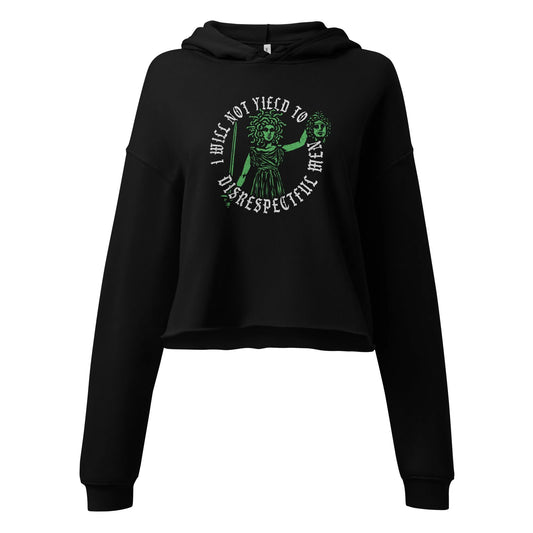 Will Not Yield to Disrespectful Men circular graphic with a medusa holding a mans head on a black crop hoodie, feminist, snakes, spooky season, equality, Rebel Girl Rampage