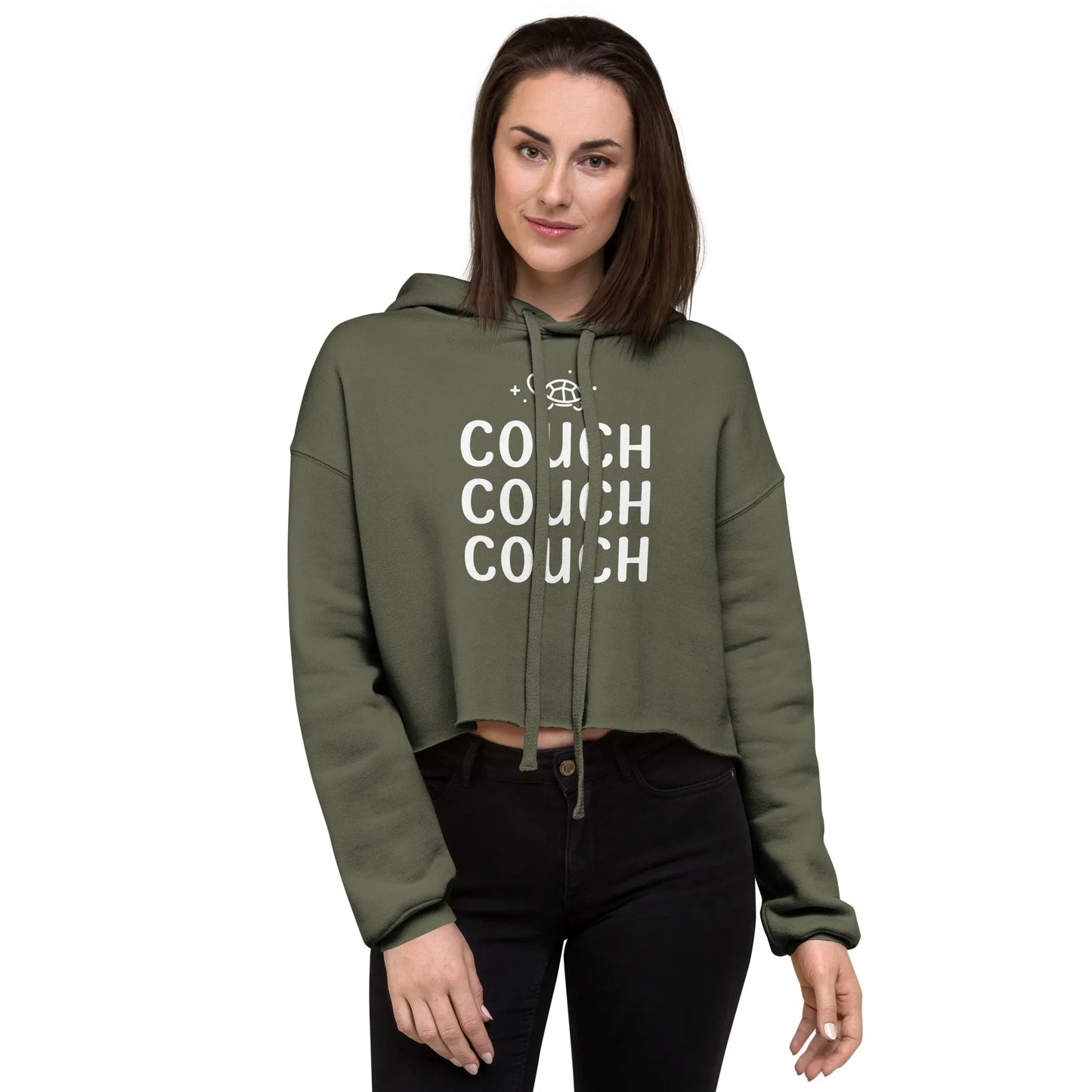 COUCH COUCH COUCH Crop Dark Green Hoodie with a cute Kpop sparkly turtle graphic on the front, Rebel Girl Rampage