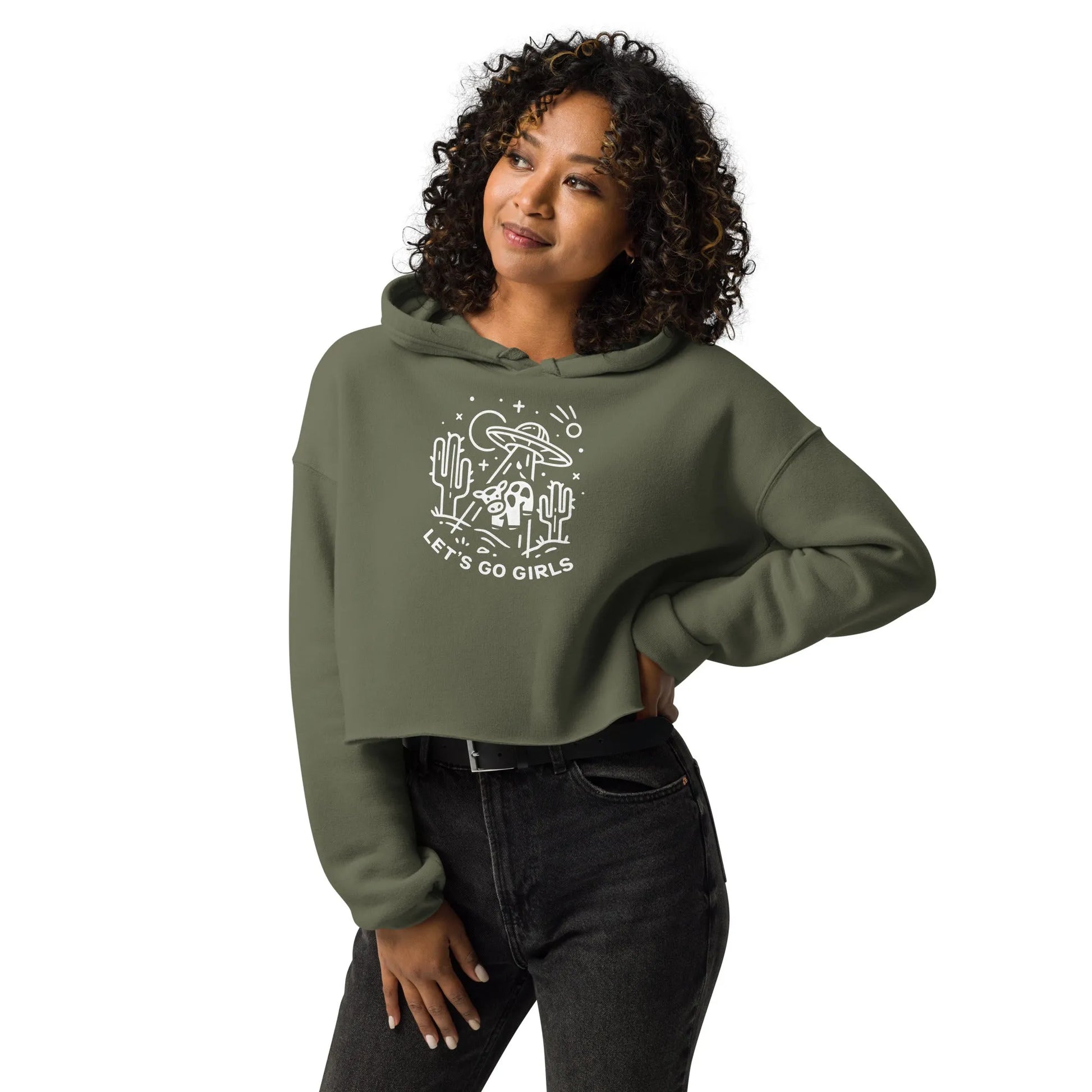 Cute UFO Cow and Desert Graphic that says Let's Go Girls on a green crop hoodie, Whimsical, cute, funny, Rebel Girl Rampage
