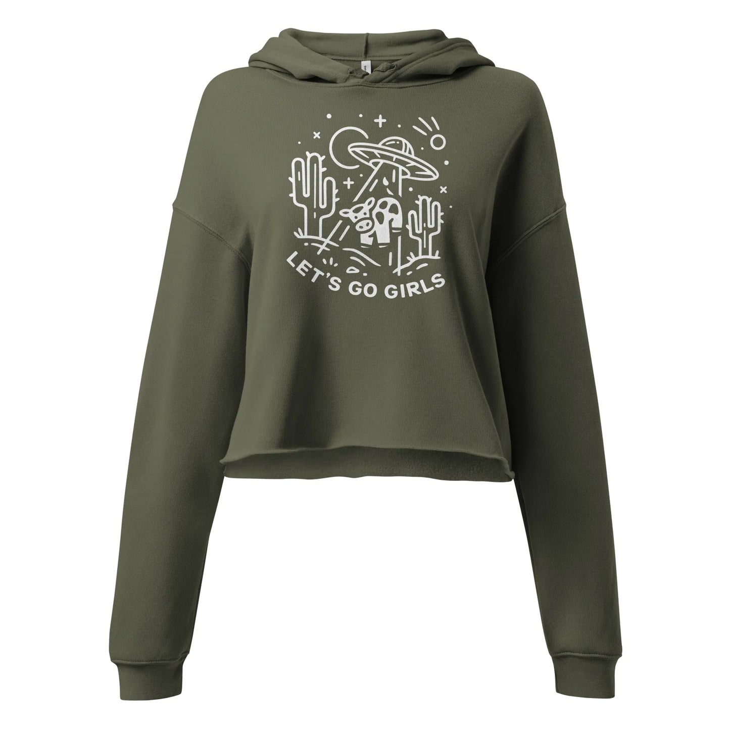 Cute UFO Cow and Desert Graphic that says Let's Go Girls on a green crop hoodie, Whimsical, cute, funny, Rebel Girl Rampage