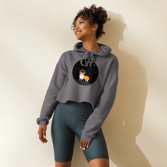 Astro Space Corgi Dog Cropped Hoodie, graphic of a cute dog in space wearing a bubble helmet, Rebel Girl Rampage