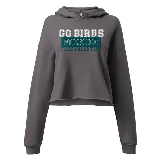 Go Birds, Fuck ICE, Free Palestine white and turquoise graphic on a crop grey hoodie, Rebel Girl Rampage, $5 per piece sold is donated to CHOP- Children's Hospital of Philadelphia