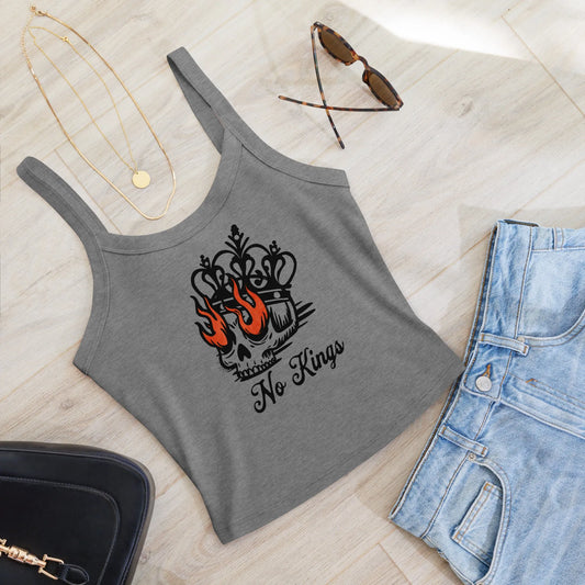 No Kings skull, crown and flame eyes graphic on an athletic heather crop tank top, stand with democracy, Rebel Girl Rampage