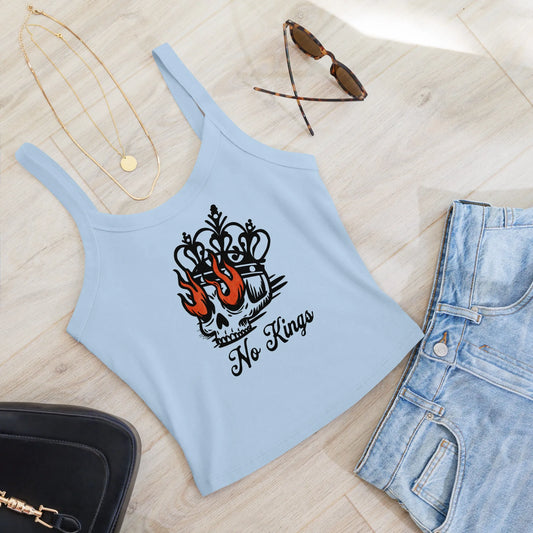 No Kings skull, crown and flame eyes graphic on a baby blue crop tank top, stand with democracy, Rebel Girl Rampage