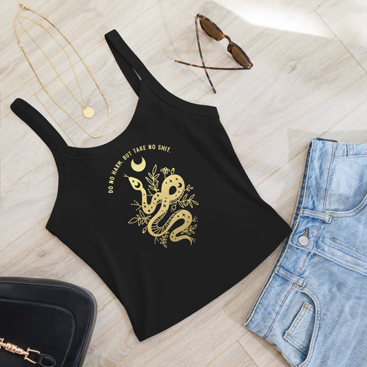 Golden witchy tattoo style snake with foliage and a moon and words that say, "Do no harm. But take no shit." on a black crop tank top, Rebel Girl Rampage