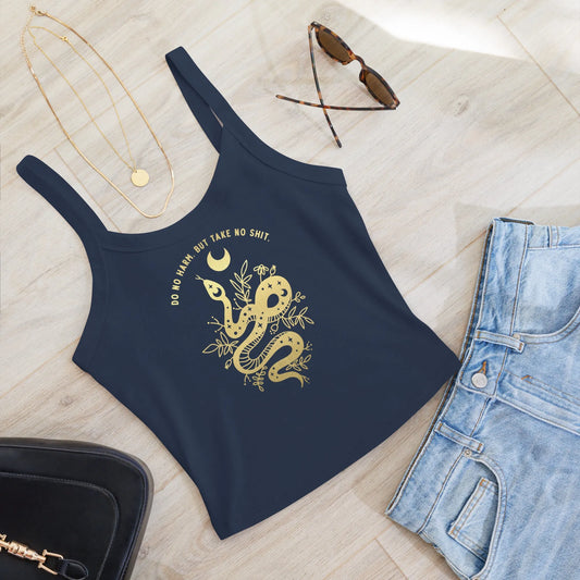 Golden witchy tattoo style snake with foliage and a moon and words that say, "Do no harm. But take no shit." on a navy crop tank top, Rebel Girl Rampage