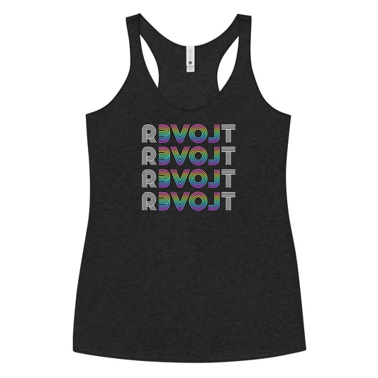 Revolt, Love rainbow graphic on a black racerback tank, acts of rebellion, acts of love, LGBTQ, love is love, Rebel Girl Rampage