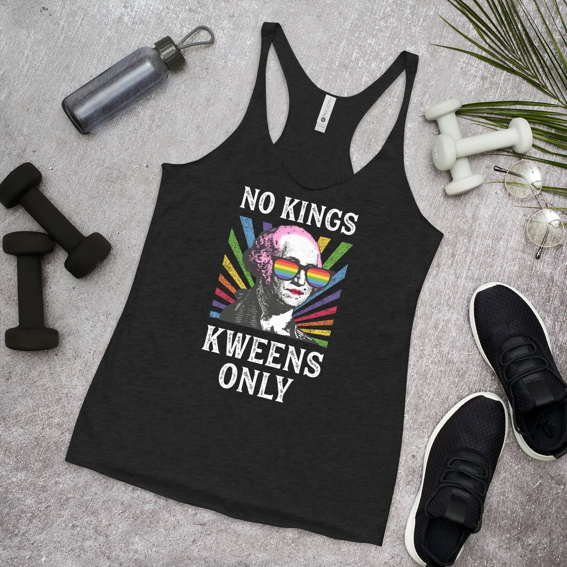 Kweens Only Women’s Racerback Tank Top. No Kings Queens Only, Pride, LGBTQ,  George Washington in Drag, Rainbow, Rebel Girl Rampage