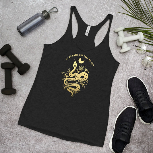 Golden witchy tattoo style snake with foliage and a moon and words that say, "Do no harm. But take no shit." on a black racerback  tank top, Rebel Girl Rampage