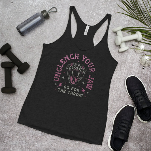 Pink and white snake graphic with the words, "Unclench Your Jaw Go For the Throat" on a vintage black racerback tank, make a statement and be empowered to take on the patriarchy and the powers that be, Rebel Girl Rampage