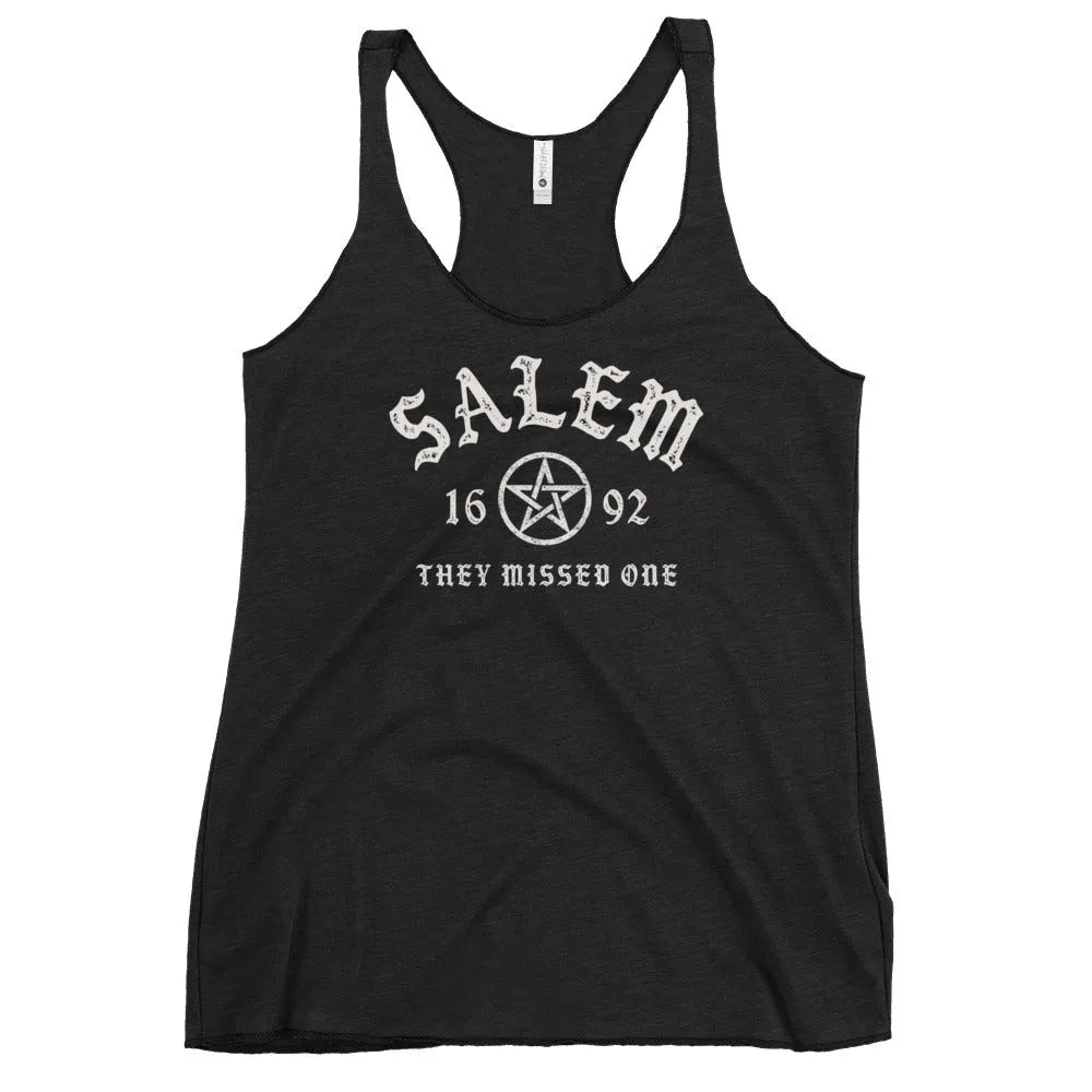 Salem University White Star Graphic on a black racerback tank, Rebel Girl Rampage, witchy vibes perfect for halloween.