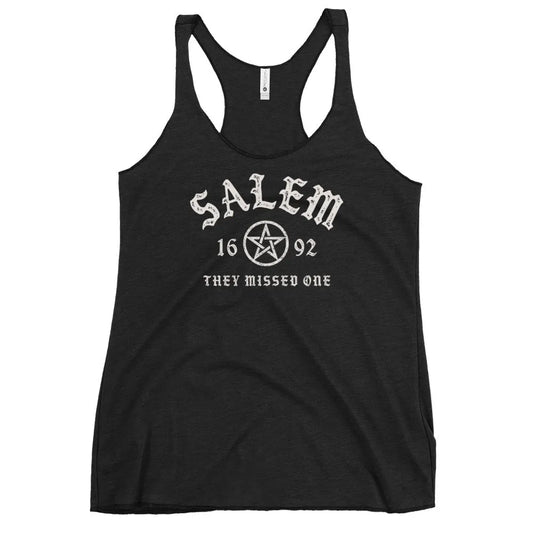 Salem University White Star Graphic on a black racerback tank, Rebel Girl Rampage, witchy vibes perfect for halloween.
