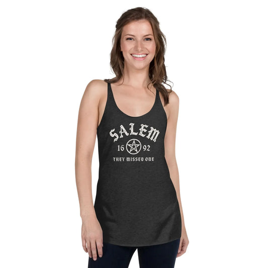 Salem University White Star Graphic on a black racerback tank, Rebel Girl Rampage, witchy vibes perfect for halloween.