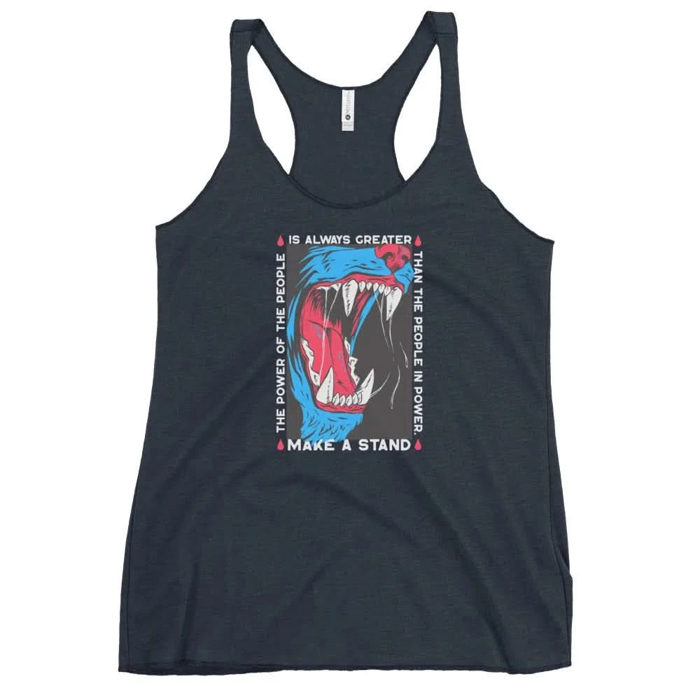 The power of the people is always greater than the people in power, make a stand tiger teeth blue and red racerback tank, power to the people, democracy, antifa, Rebel Girl Rampage