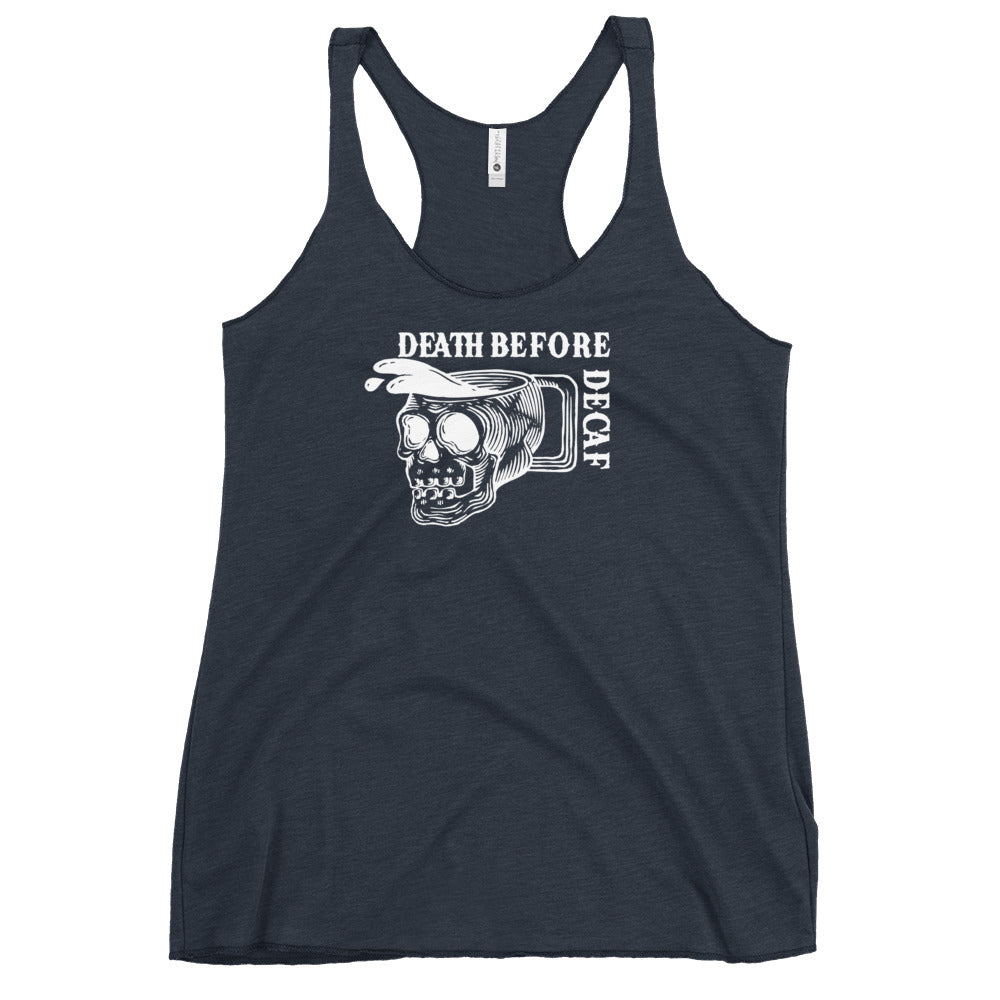 Death Before Decaf Women’s Racerback Tank Top, Medieval Coffee Humor, Rebel Girl Rampage