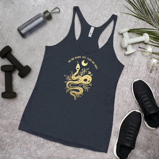 Golden witchy tattoo style snake with foliage and a moon and words that say, "Do no harm. But take no shit." on a navy racerback tank top, Rebel Girl Rampage