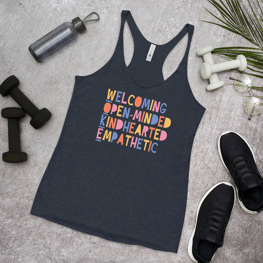 WOKE acronym playful colorful graphic that says "Welcoming Open-Minded Kindhearted Empathetic" on a vintage navy racerback tank top,  Rebel Girl Rampage