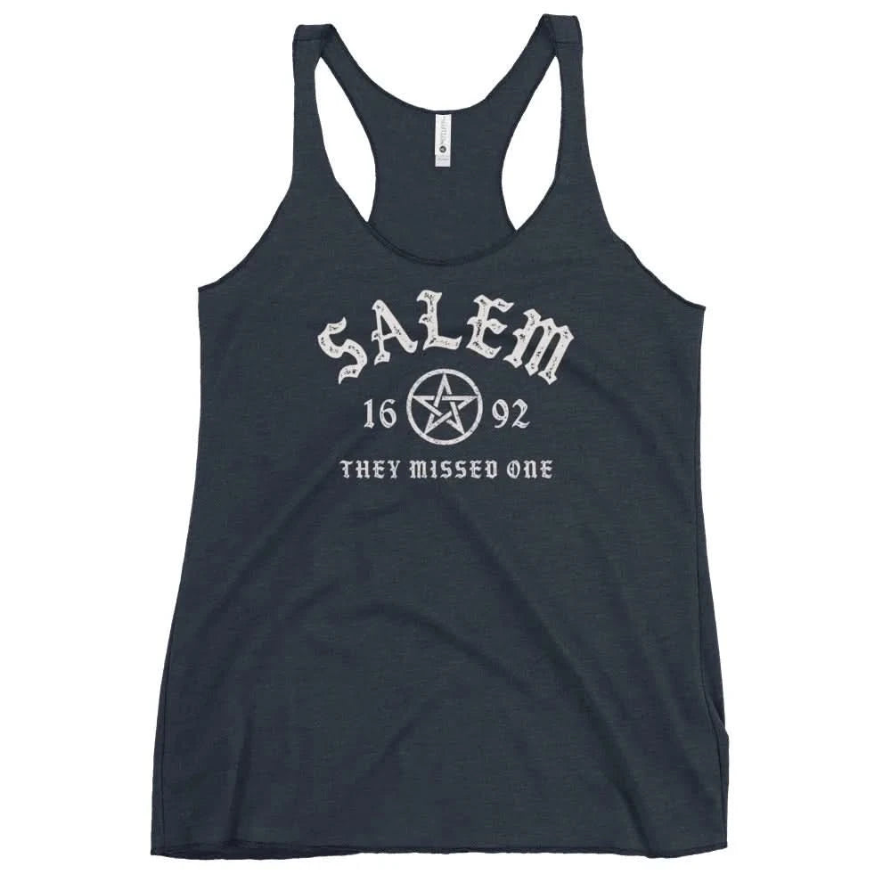 Salem University White Star Graphic on a grey racerback tank, Rebel Girl Rampage, witchy vibes perfect for halloween.