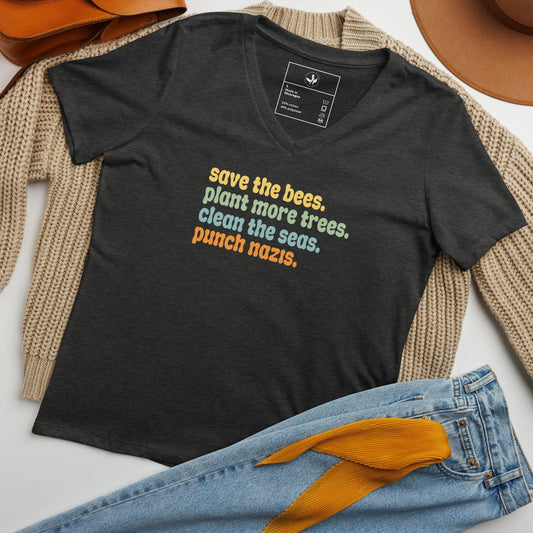 Bees, Seas, Trees, Punch Nazi’s Rhyme Women’ s V-Neck Tri-Blend T-Shirt, Anti Fascist, Pro Environment graphic tee, Anne Lesniak, Rebel Girl Rampage
