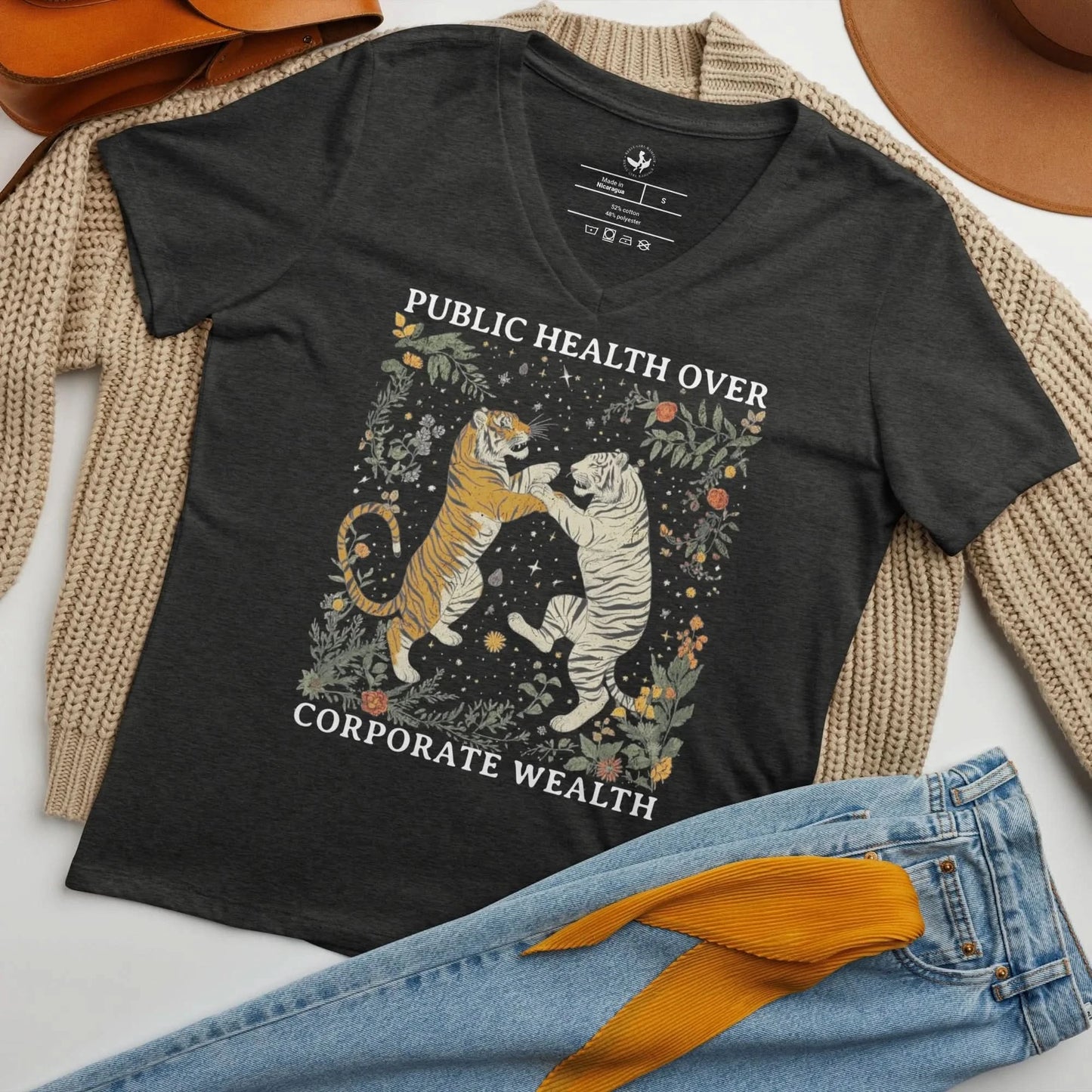 Public Health Over Corporate Wealth Women’s V-Neck T-Shirt, Healthcare, Rebel Girl Rampage