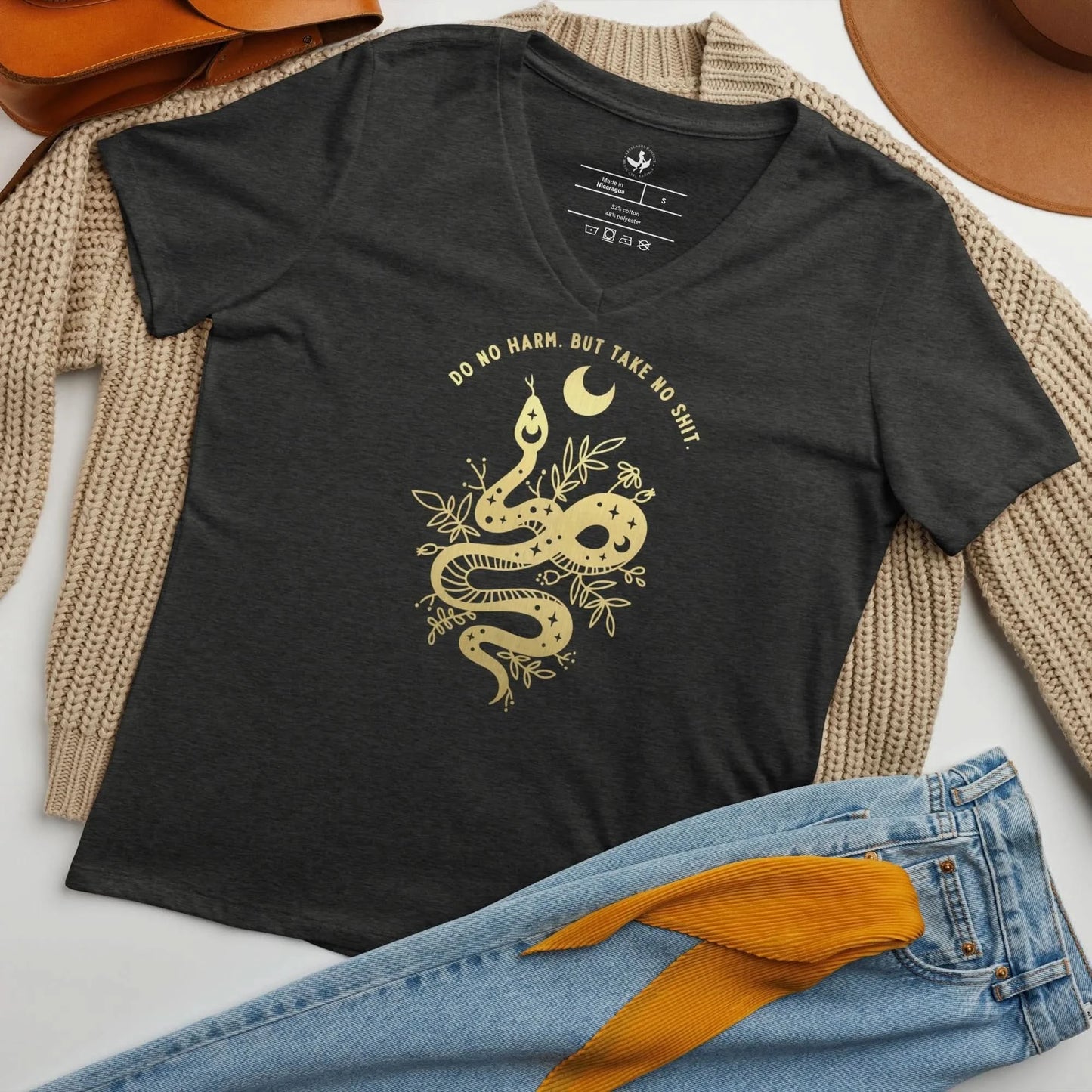Do No Harm Women’s Relaxed Fit V-Neck T-shirt, Witchy feminist Snake Graphic Art, Rebel Girl Rampage