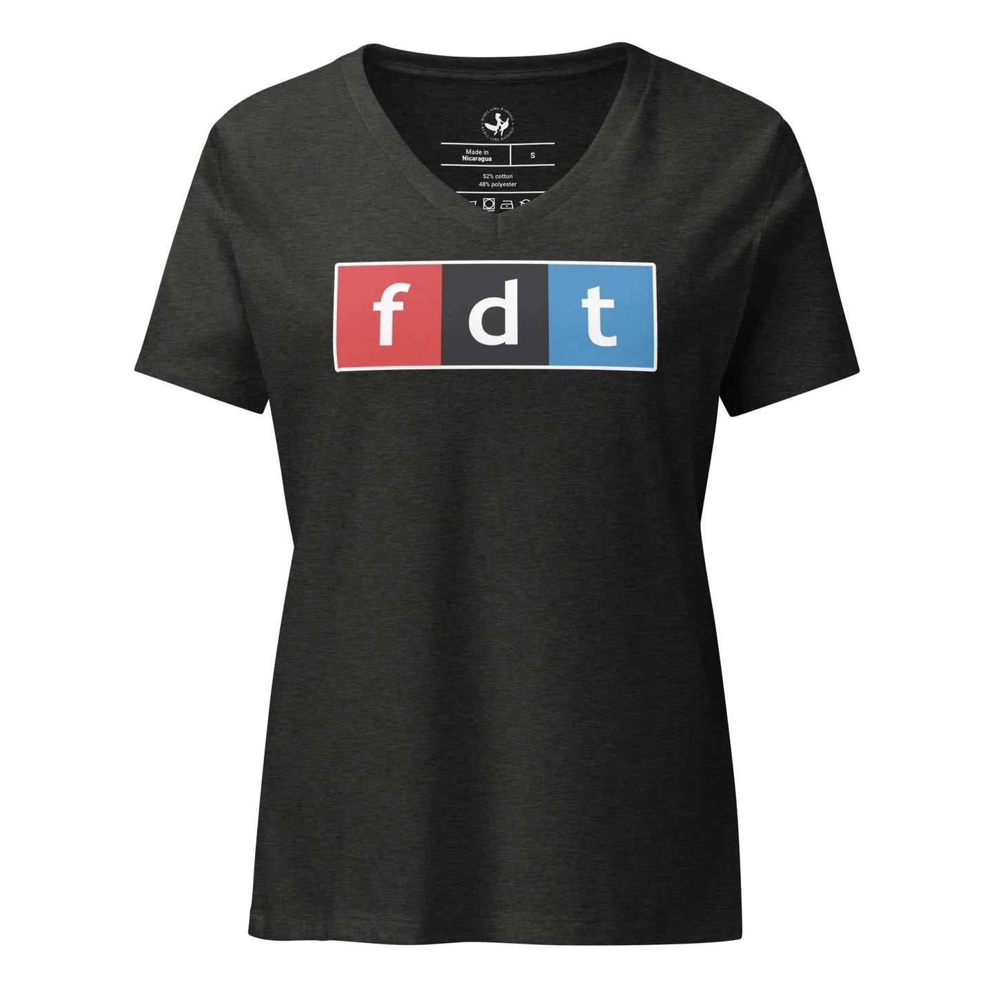Black t-shirt with 'f d t' logo on a white background. FDT Women’s V-Neck Relaxed Fit T-Shirt, Save NPR, Public Broadcasting Radio, Protest, Anne Lesniak, Rebel Girl Rampage