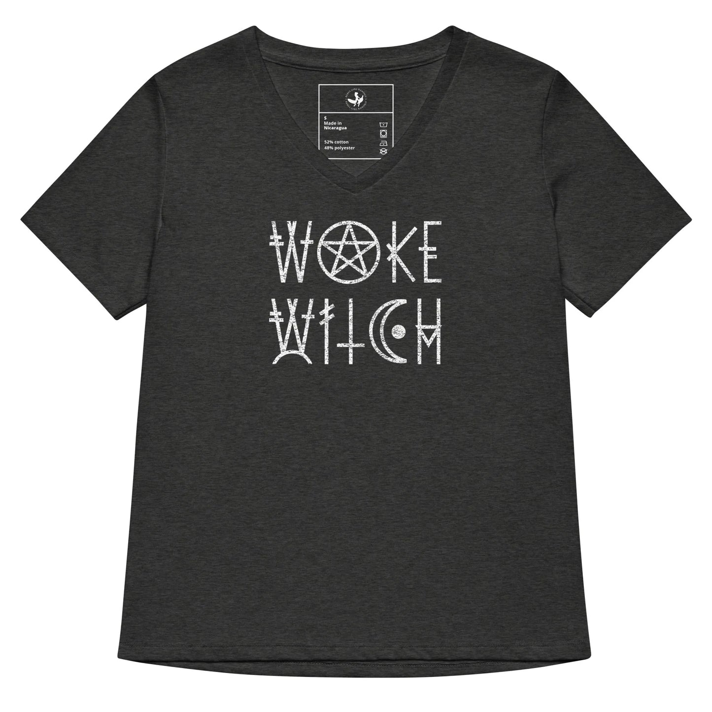 Woke Witch Women’s Tri-blend V-neck T-shirt, Graphic of a pentagram and other witchy symbols on a heather dark grey  t-shirt that says “woke witch”, Halloween, feminist art, Rebel Girl Rampage