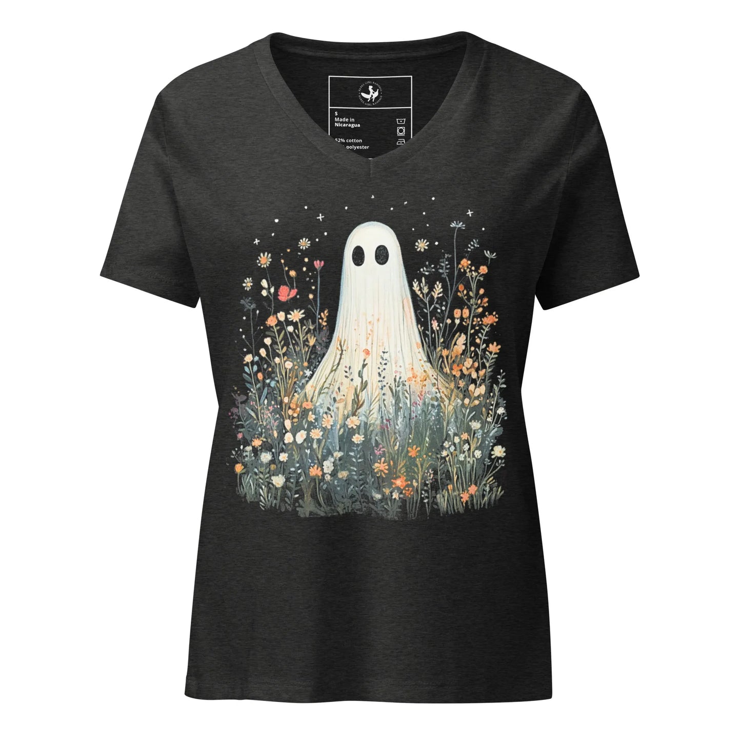 Cute ghost graphic in a field of flowers and foliage on a v-neck dark grey t shirt, spooky season, cute, Rebel Girl Rampage