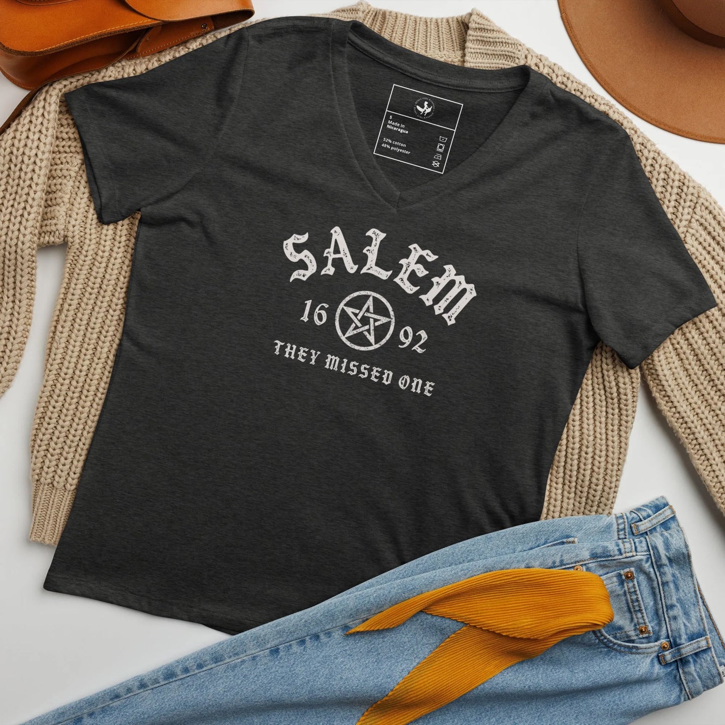 Salem University White Star Graphic on a dark grey v-neck t shirt, witchy vibes perfect for halloween, Rebel Girl Rampage