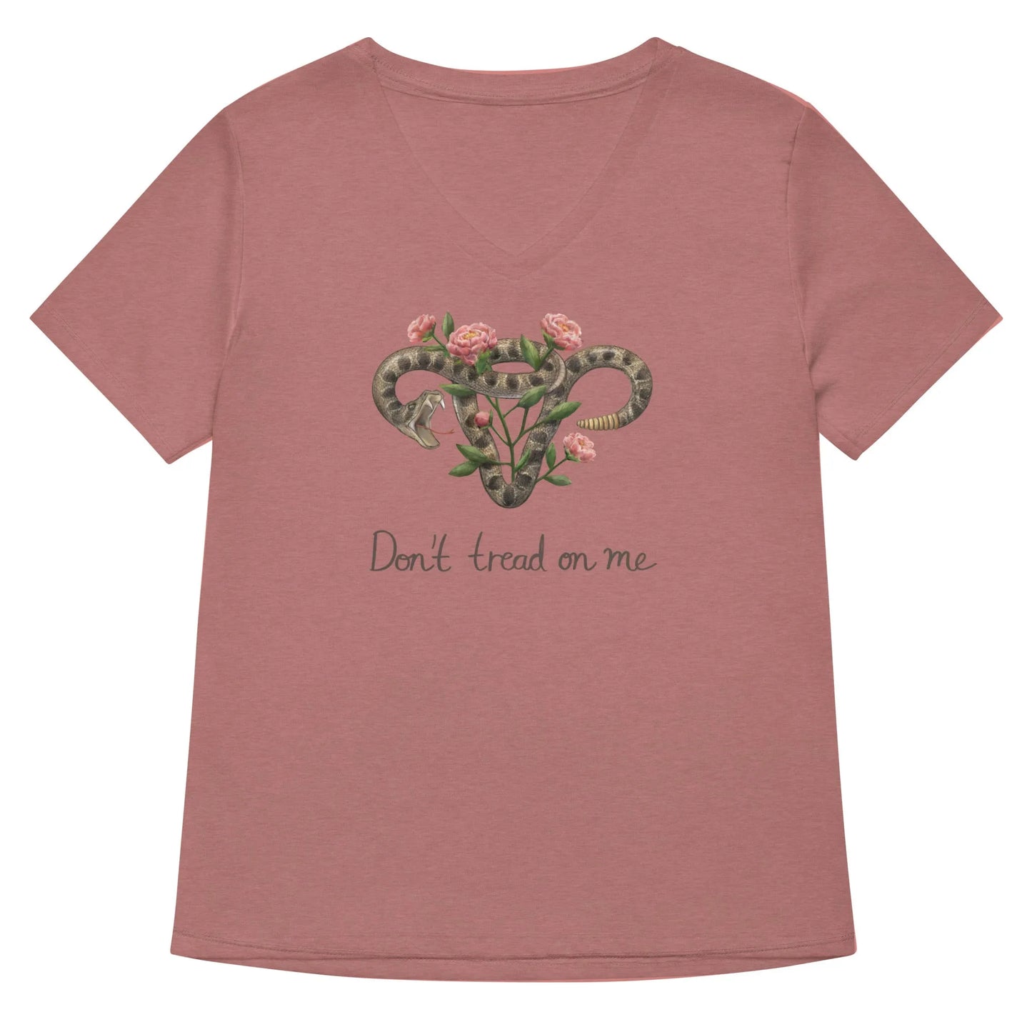 Don’t Tread On Me Uterus with Flowers women’s v-neck t-shirt, rattlesnakes and roses, feminist pro choice, Abortion rights,  my body my choice, Rebel Girl Rampage