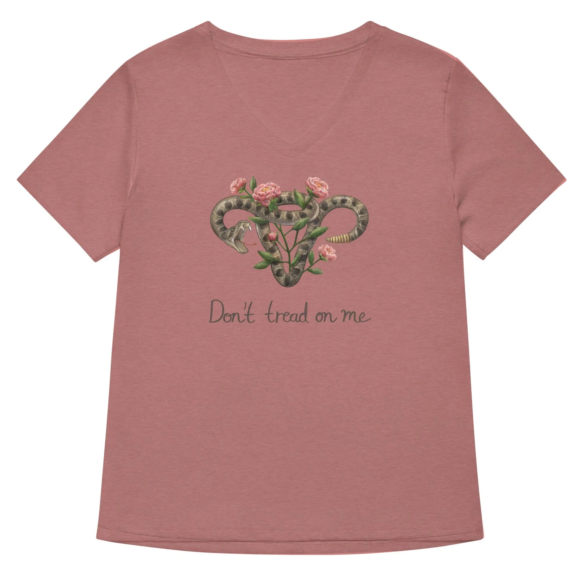 Don’t Tread On Me Uterus with Flowers women’s v-neck t-shirt, rattlesnakes and roses, feminist pro choice, Abortion rights,  my body my choice, Rebel Girl Rampage