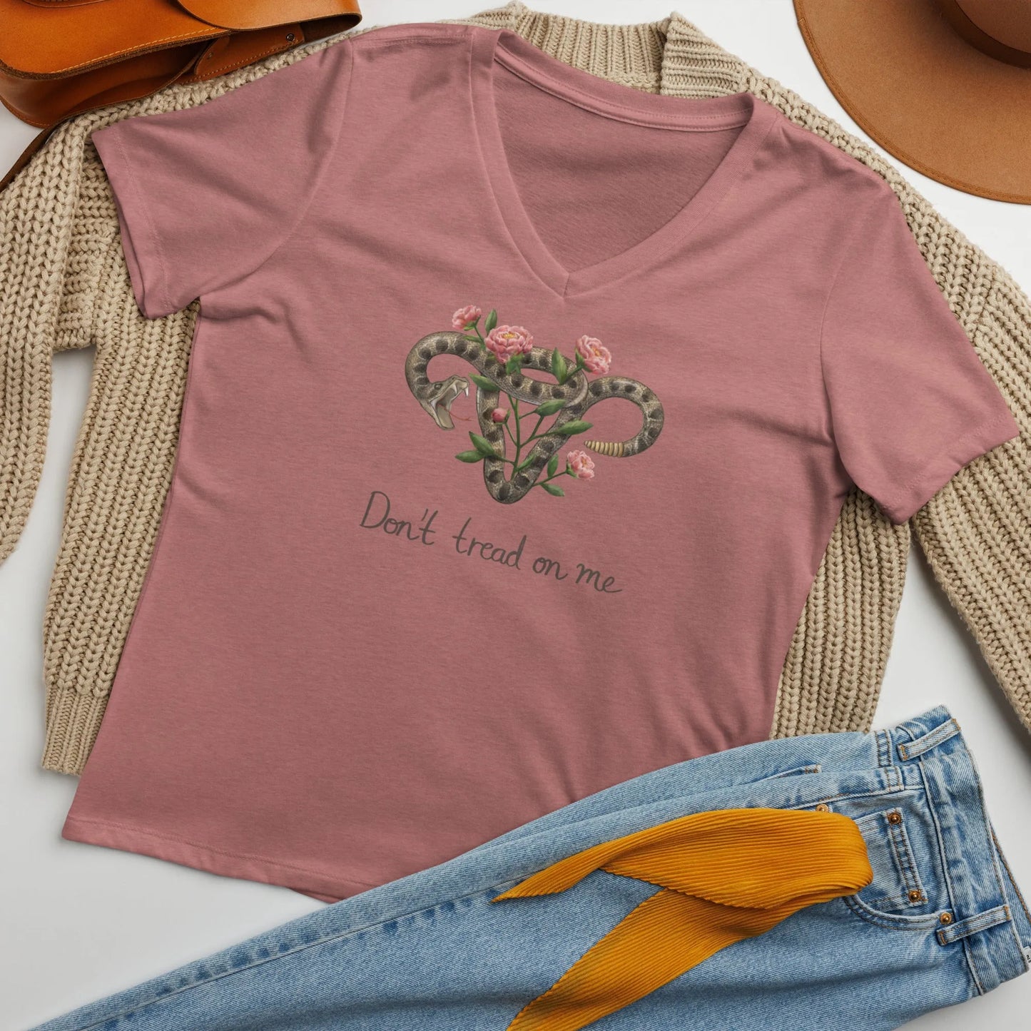 Don’t Tread On Me Uterus with Flowers women’s v-neck t-shirt, rattlesnakes and roses, feminist pro choice, Abortion rights,  my body my choice, Rebel Girl Rampage