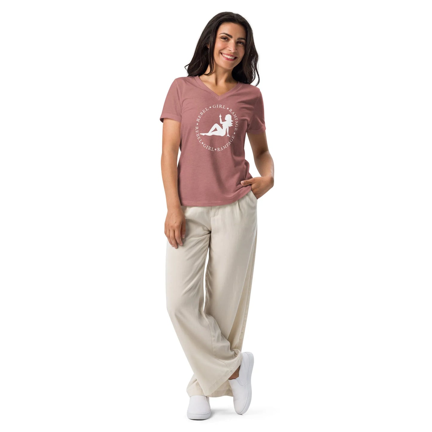 Mud flap chick middle finger Rebel Girl Rampage logo women’s v neck t-shirt