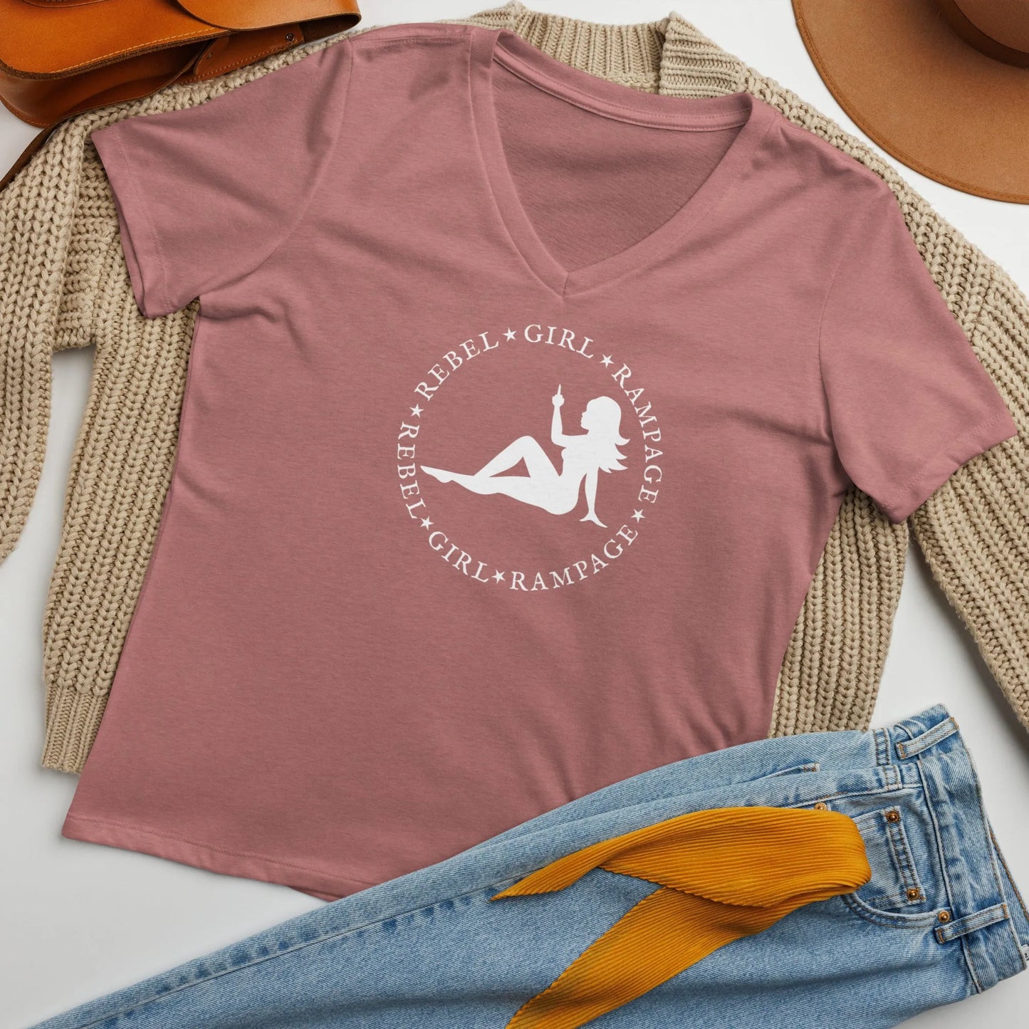Mud flap chick middle finger Rebel Girl Rampage logo women’s v neck t-shirt