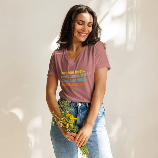 Bees, Seas, Trees, Punch Nazi’s Rhyme Women’ s V-Neck Tri-Blend T-Shirt, Anti Fascist, Pro Environment graphic tee, Anne Lesniak, Rebel Girl Rampage