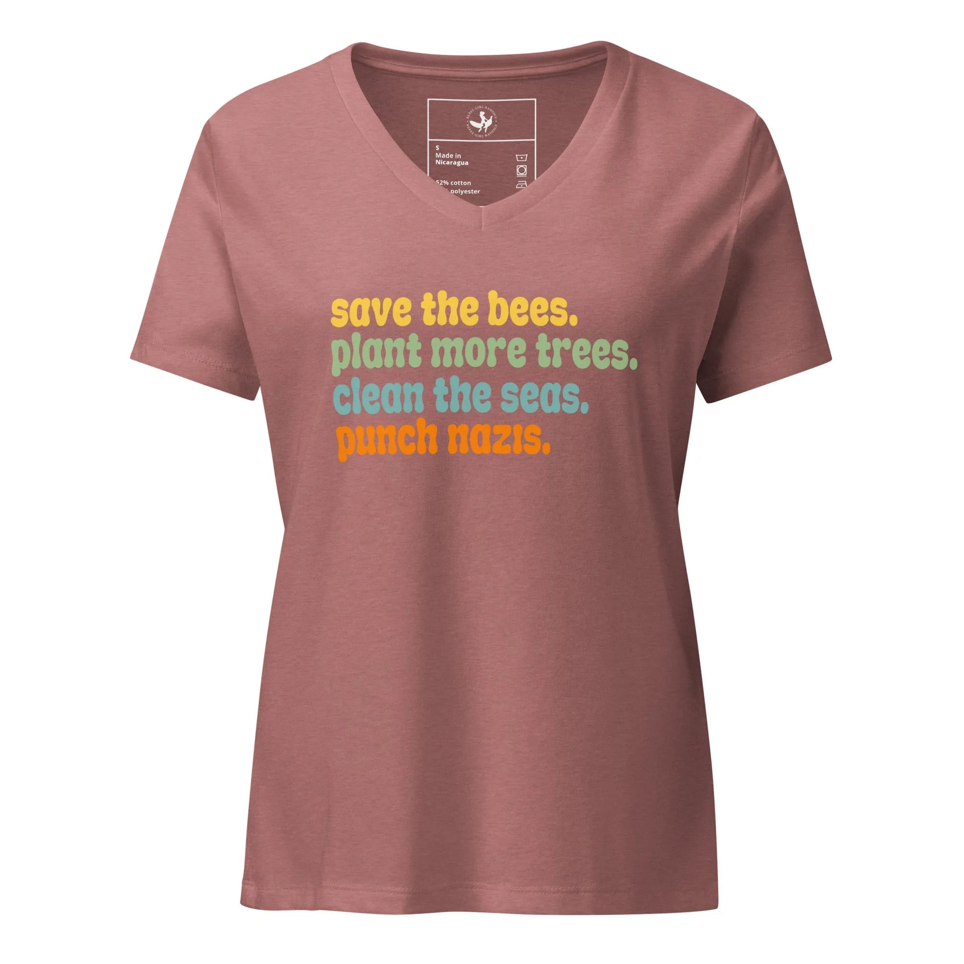 Bees, Seas, Trees, Punch Nazi’s Rhyme Women’ s V-Neck Tri-Blend T-Shirt, Anti Fascist, Pro Environment graphic tee, Anne Lesniak, Rebel Girl Rampage