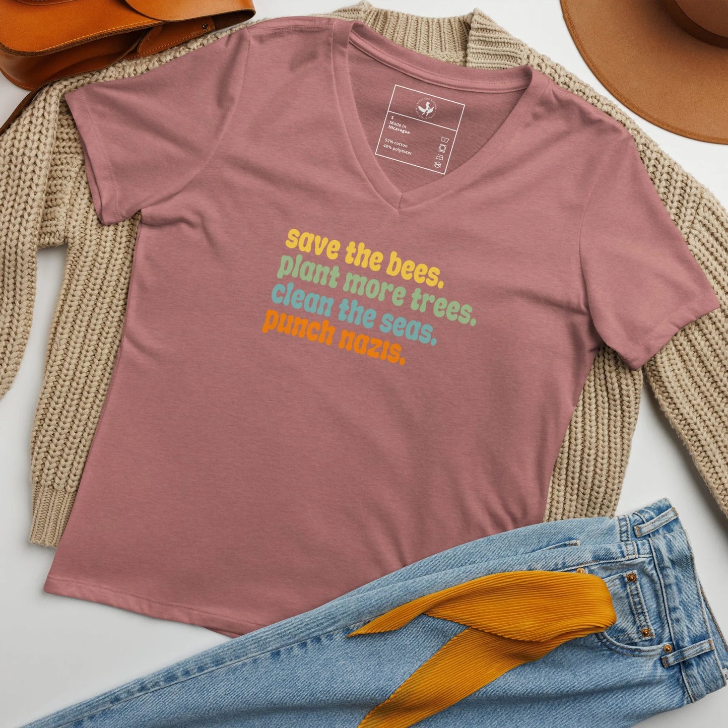 Bees, Seas, Trees, Punch Nazi’s Rhyme Women’ s V-Neck Tri-Blend T-Shirt, Anti Fascist, Pro Environment graphic tee, Anne Lesniak, Rebel Girl Rampage