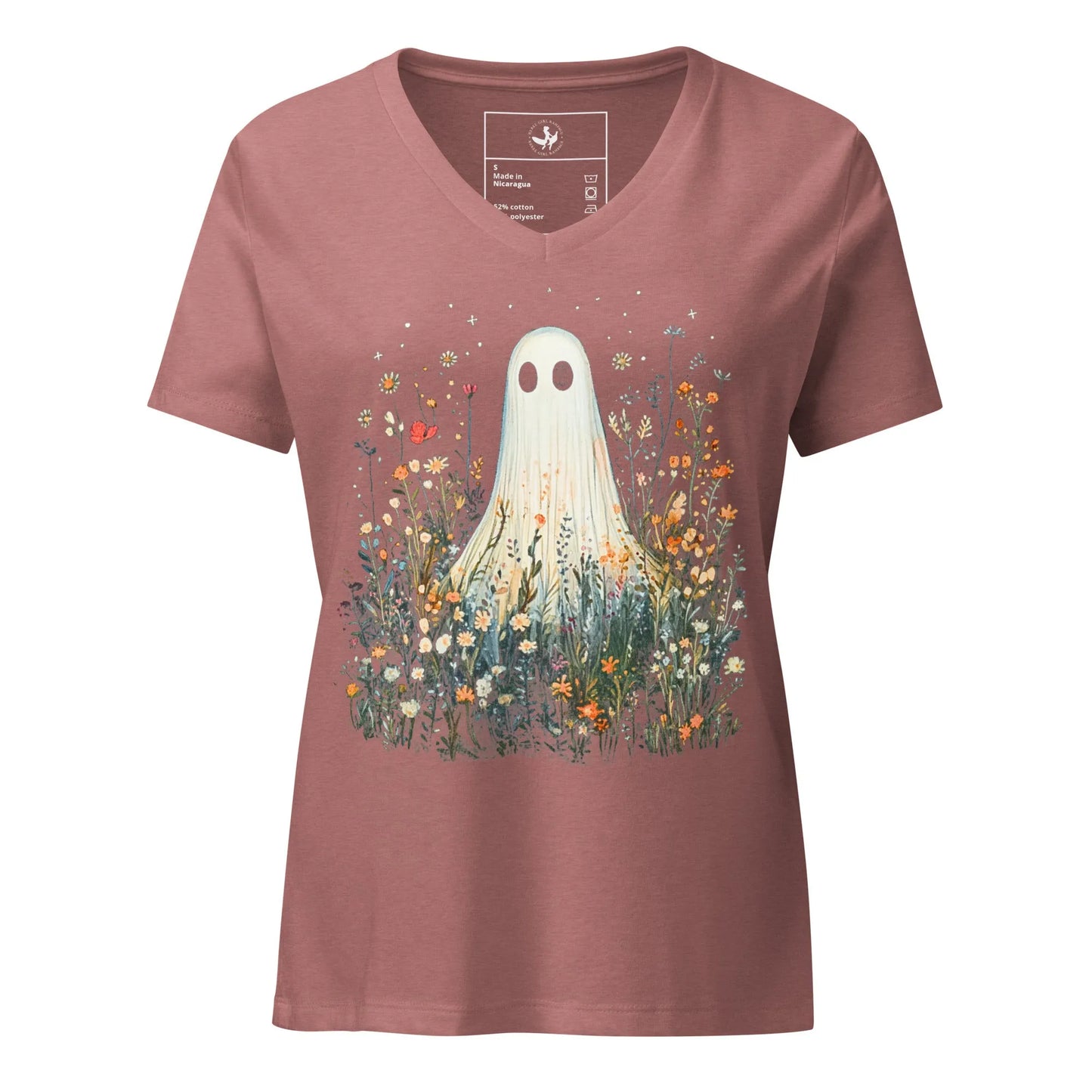 Cute ghost graphic in a field of flowers and foliage on a v-neck rose t shirt, spooky season, cute, Rebel Girl Rampage