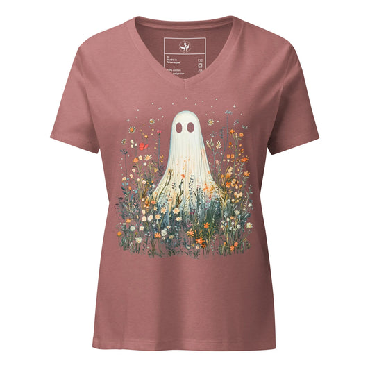 Cute ghost graphic in a field of flowers and foliage on a v-neck rose t shirt, spooky season, cute, Rebel Girl Rampage