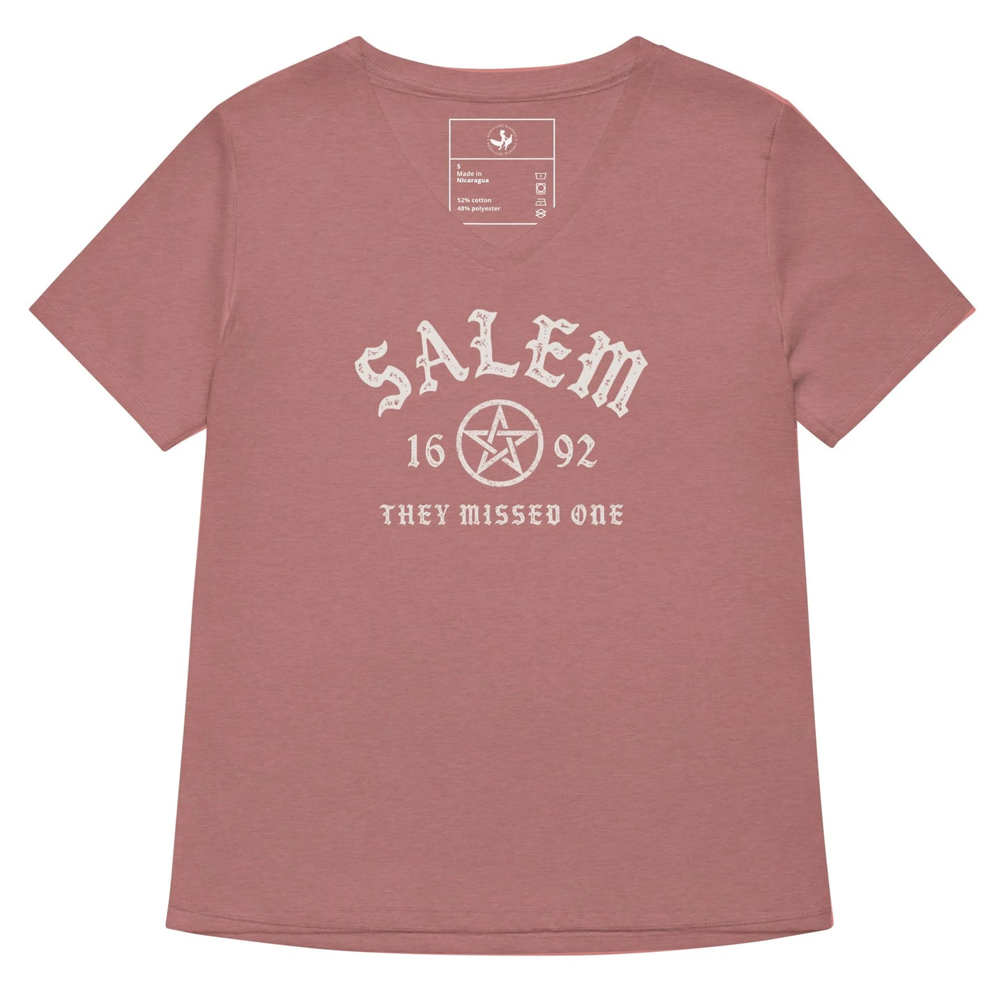 Salem University White Star Graphic on a mauve v-neck t shirt, witchy vibes perfect for halloween, Rebel Girl Rampage