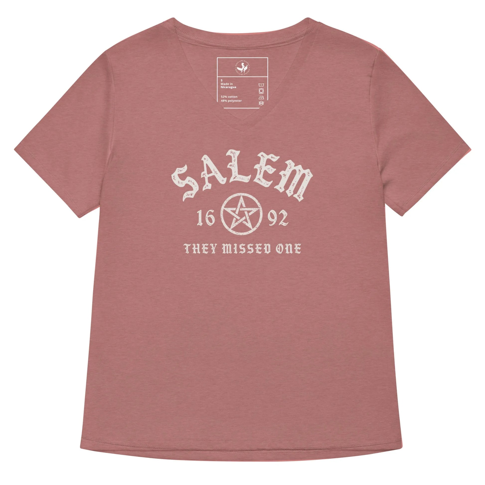 Salem University White Star Graphic on a mauve v-neck t shirt, witchy vibes perfect for halloween, Rebel Girl Rampage