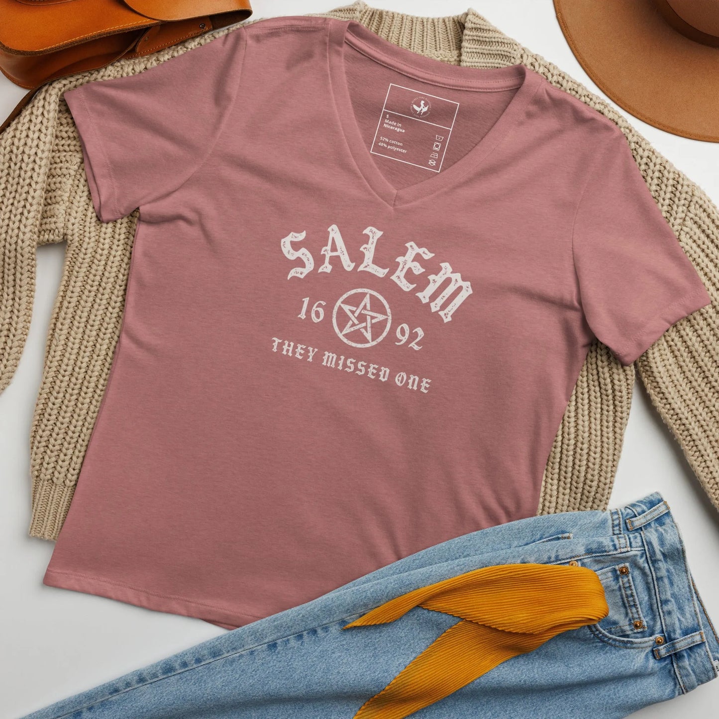 Salem University White Star Graphic on a mauve v-neck t shirt, witchy vibes perfect for halloween, Rebel Girl Rampage