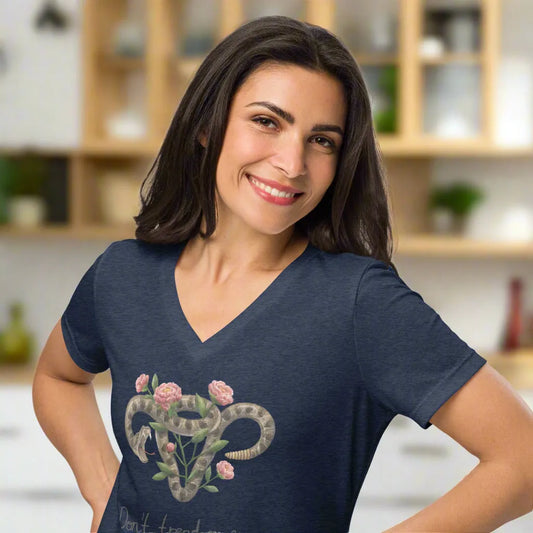 Don’t Tread On Me Uterus with Flowers women’s v-neck t-shirt, rattlesnakes and roses, feminist pro choice, Abortion rights,  my body my choice, Rebel Girl Rampage
