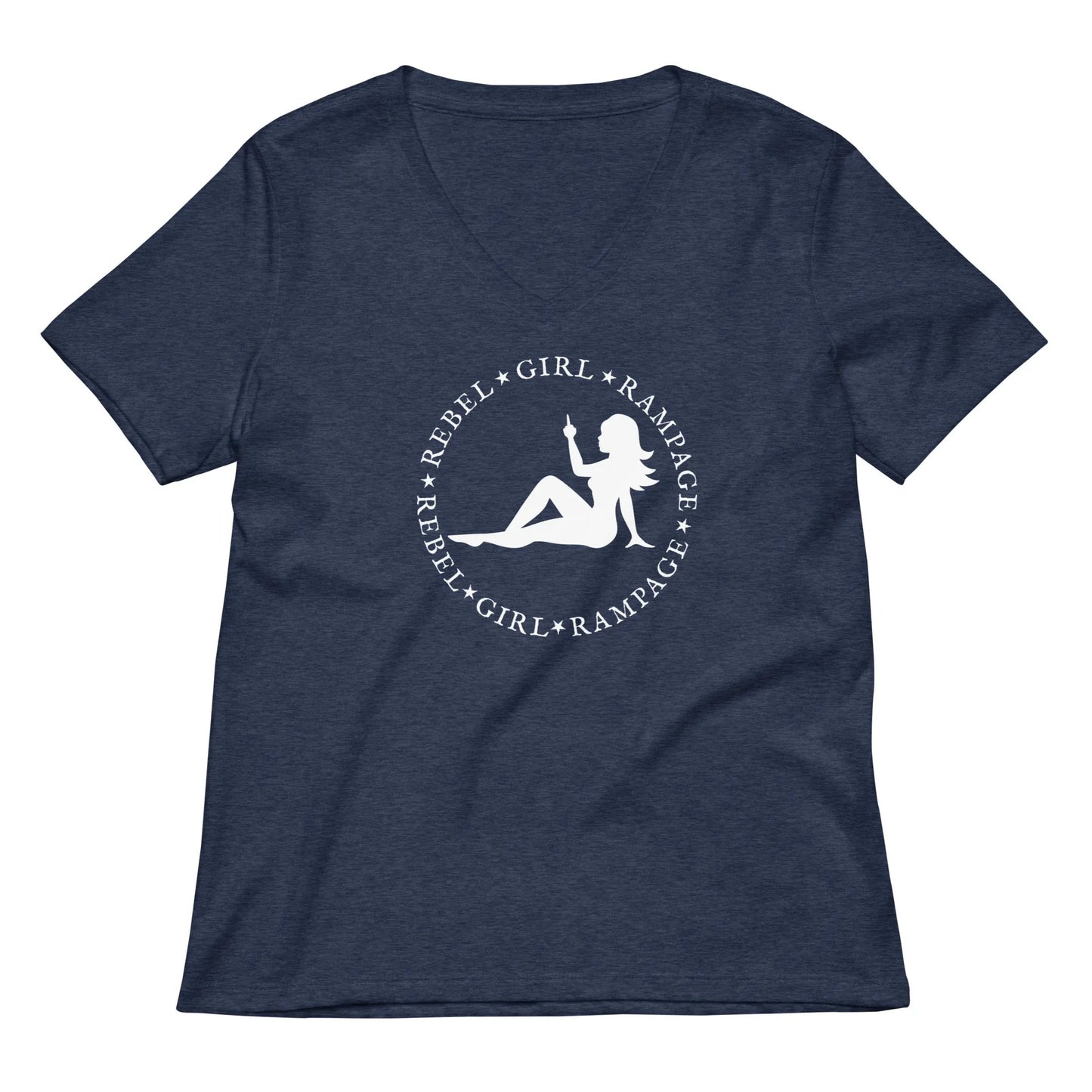 Mud flap chick middle finger Rebel Girl Rampage logo women’s v neck t-shirt
