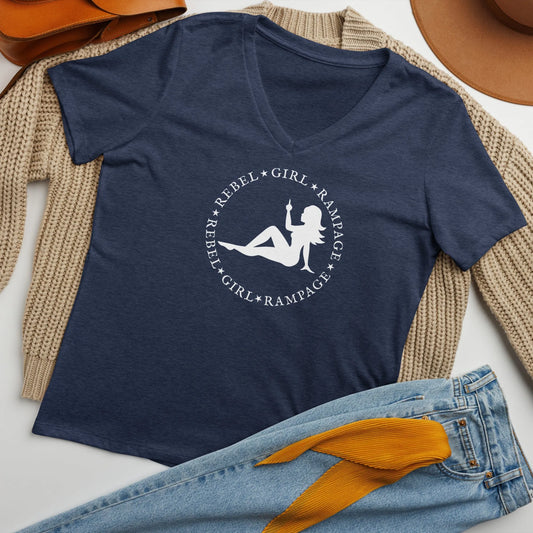 Mud flap chick middle finger Rebel Girl Rampage logo women’s v neck t-shirt