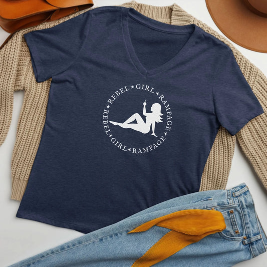 Mud flap chick middle finger Rebel Girl Rampage logo women’s v neck t-shirt