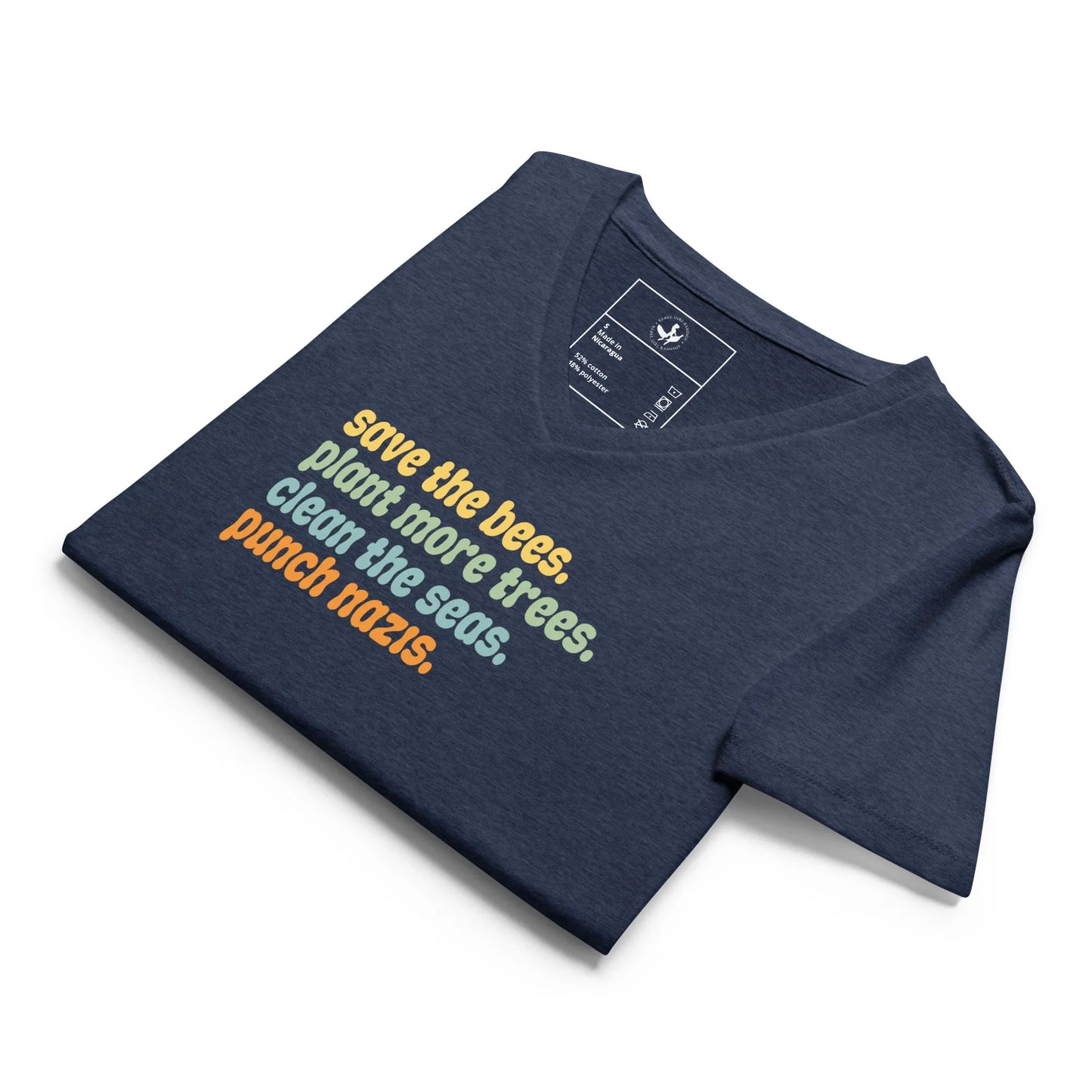 Bees, Seas, Trees, Punch Nazi’s Rhyme Women’ s V-Neck Tri-Blend T-Shirt, Anti Fascist, Pro Environment graphic tee, Anne Lesniak, Rebel Girl Rampage